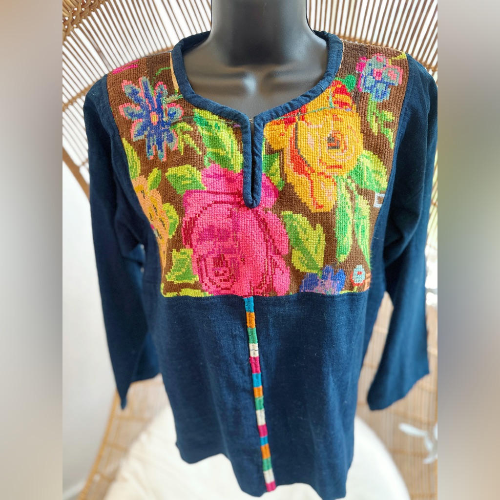 Vintage 60s 70s Hippie Top Guatemalan Indigo Floral Cotton Embroidered Top Shirt